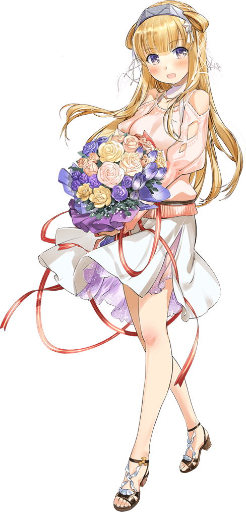 1girl, barefoot, blonde_hair, blush, bouquet, breasts, double_bun, dress