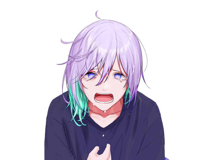 1boy, blue_eyes, blue_hair, blue_shirt, clutching_chest, clutching_clothes, crying, crying_with_eyes_open