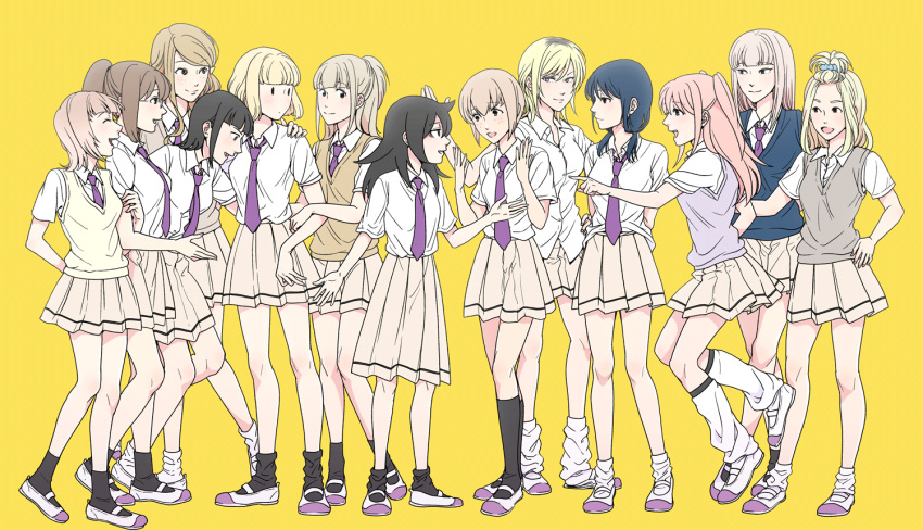 6+girls, bangs, black_hair, blazer, blonde_hair, blunt_bangs, cardigan, jacket