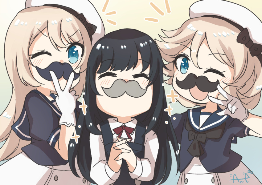3girls, ane_hoshimaru, asashio_(kancolle), bangs, black_hair, blonde_hair, blue_dress, blue_eyes, blue_sailor_collar, buttons, closed_eyes, commentary_request, dress, eyebrows_visible_through_hair, fake_facial_hair, fake_mustache, gloves, hat, highres, janus_(kancolle), jervis_(kancolle), kantai_collection, long_hair, long_sleeves, multiple_girls, one_eye_closed, parted_bangs, sailor_collar, sailor_dress, sailor_hat, shirt, short_sleeves, skirt, suspender_skirt, suspenders, victory_pose, white_gloves, white_shirt