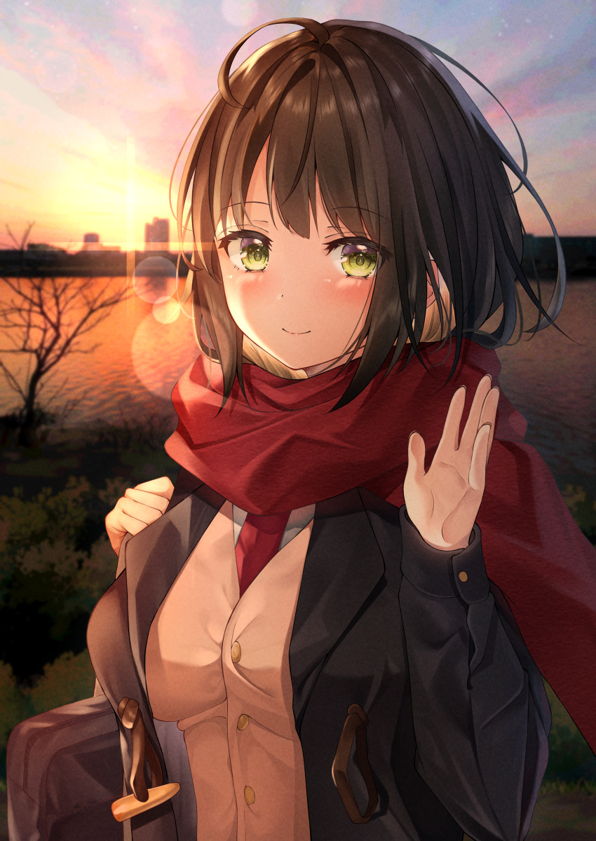 1girl, absurdres, bag, bangs, black_hair, black_jacket, blush, breasts