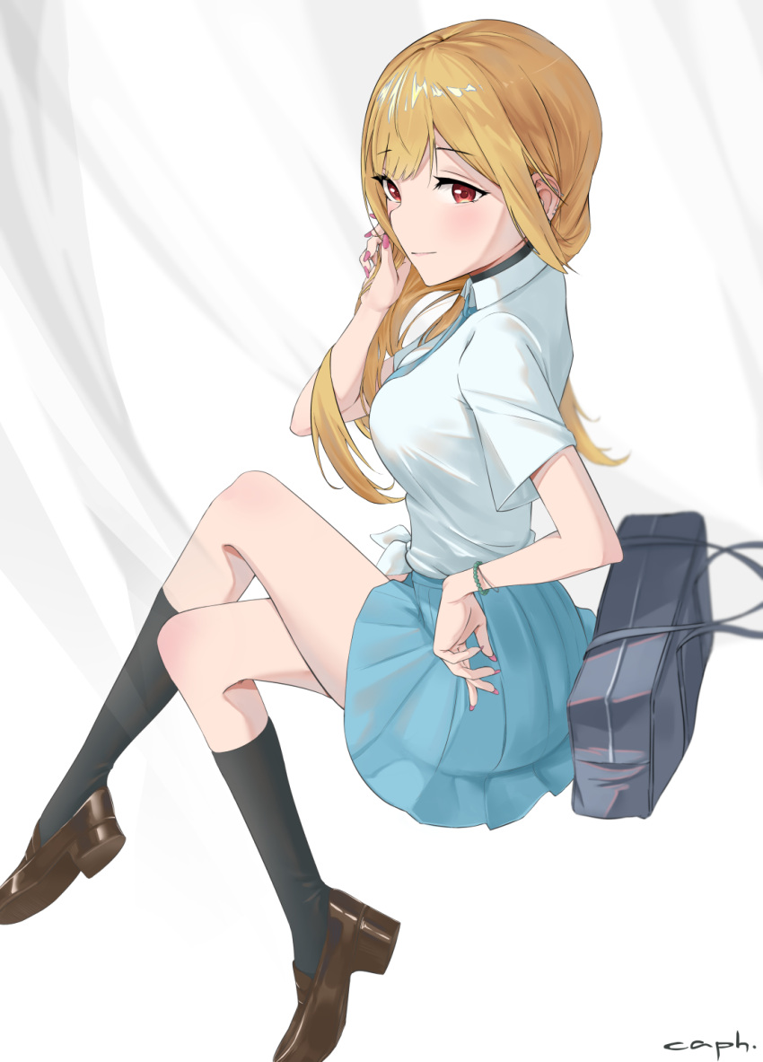 1girl, bag, barbell_piercing, bead_bracelet, beads, black_bag, black_choker, black_legwear, blonde_hair, blue_necktie, blue_skirt, bracelet, brown_footwear, c_a_p_h, choker, crossed_legs, earrings, eyebrows_visible_through_hair, fingernails, from_side, highres, holding, holding_hair, industrial_piercing, jewelry, kitagawa_marin, kneehighs, loafers, long_hair, looking_at_viewer, multiple_earrings, multiple_piercings, nail_polish, necktie, piercing, pink_nails, pleated_skirt, red_eyes, school_bag, school_uniform, shirt, shoes, skirt, solo, sono_bisque_doll_wa_koi_wo_suru, stud_earrings, thighs, tied_shirt, white_background, white_shirt