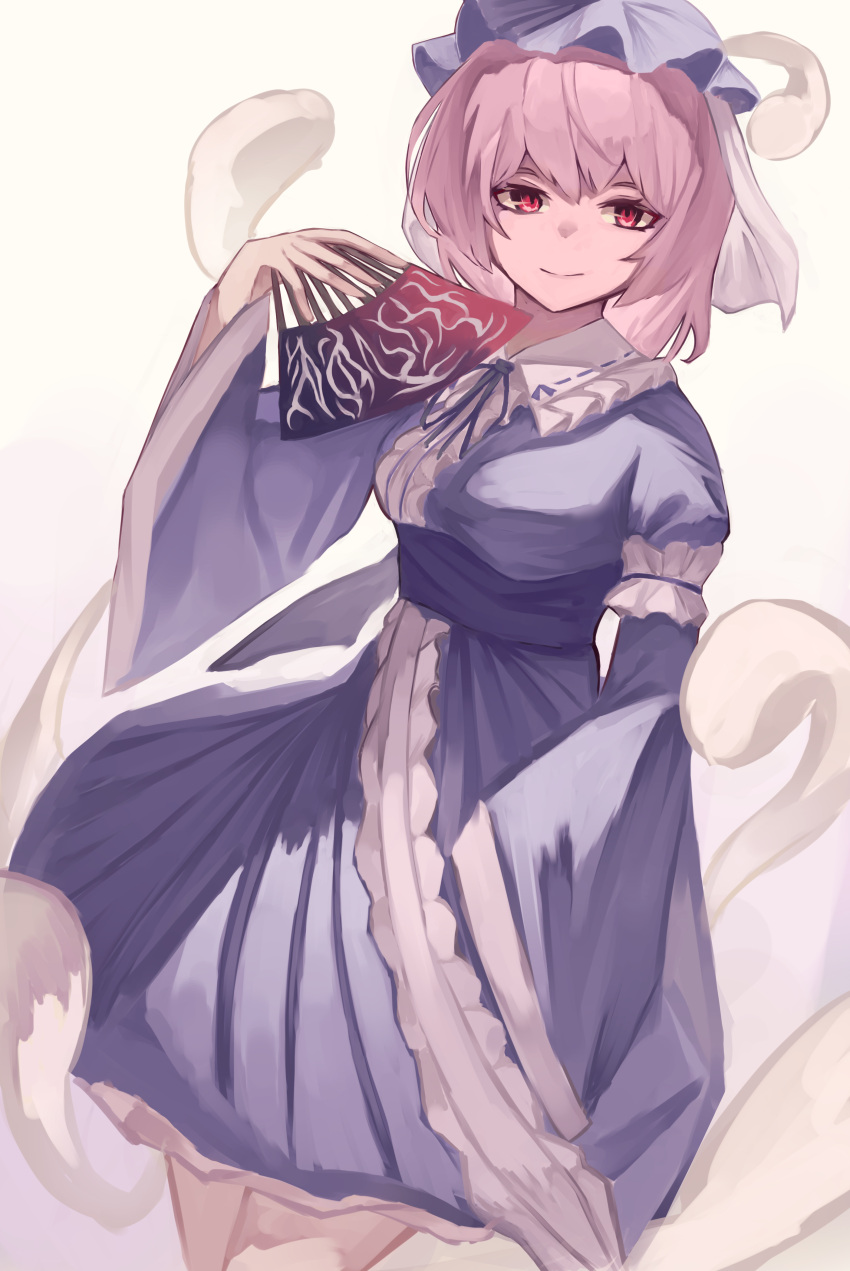 1girl, absurdres, arm_garter, blue_headwear, blue_kimono, blue_ribbon, closed_mouth, commentary