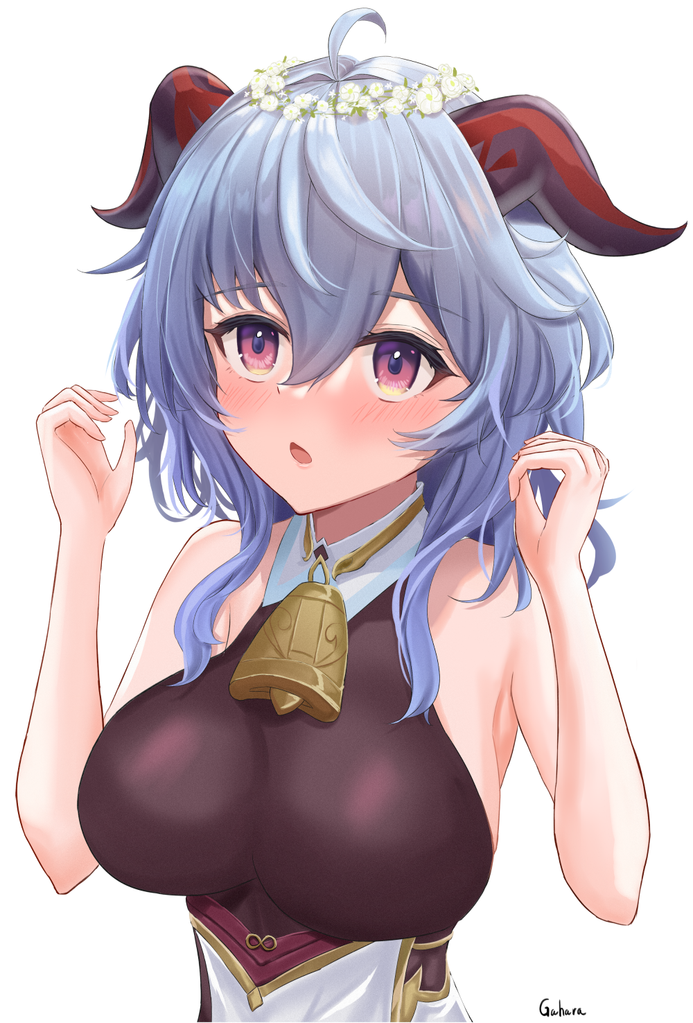 1girl, ahoge, bangs, bare_arms, bare_shoulders, bell, blue_hair, blush