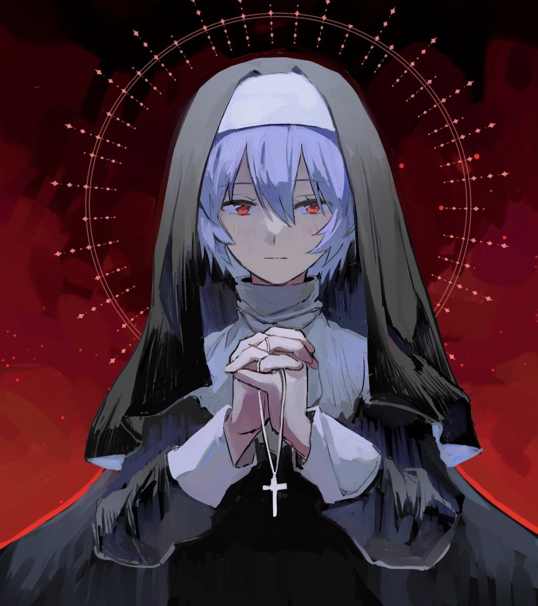 1girl, alternate_costume, ayanami_rei, bangs, blue_hair, commentary, cross, cross_necklace