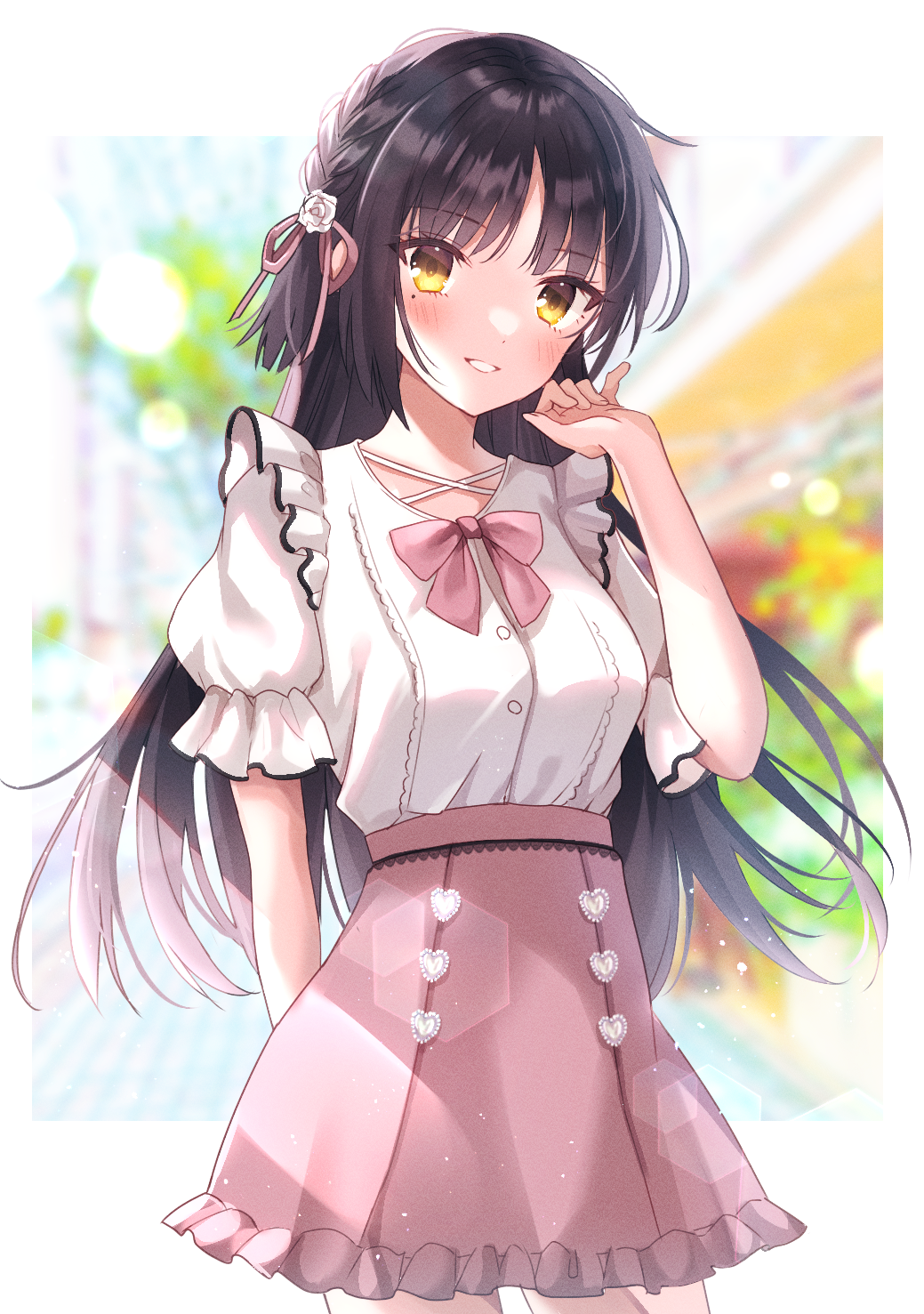 1girl, :d, arm_behind_back, black_hair, blurry, blurry_background, blush, bow