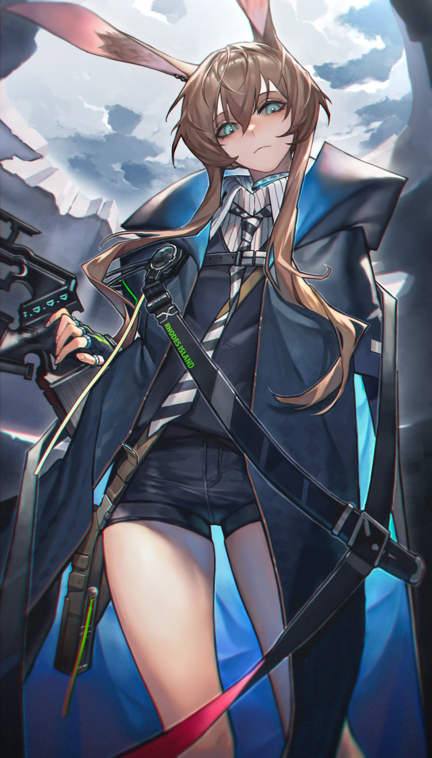 1girl, absurdres, amiya_(arknights), animal_ear_fluff, animal_ears, aqua_eyes, arknights, bag, bangs, black_coat, black_gloves, brown_hair, buckle, closed_mouth, clouds, cloudy_sky, coat, collared_shirt, commentary, day, english_commentary, eyebrows_visible_through_hair, feet_out_of_frame, fingerless_gloves, from_below, gloves, grey_shirt, head_tilt, highres, jewelry, lack_shorts, looking_at_viewer, looking_down, multiple_rings, necktie, open_clothes, open_coat, outdoors, rabbit_ears, rhine_(overtonerhine), ring, shirt, short_hair_with_long_locks, short_shorts, shorts, shoulder_bag, sidelocks, sky, solo, standing, striped, striped_necktie, striped_shirt, vertical-striped_shirt, vertical_stripes