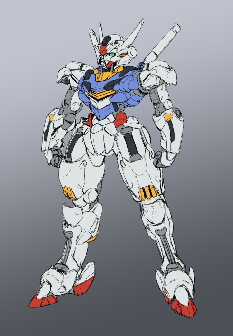 chinese_commentary, green_eyes, grey_background, gundam, gundam_aerial, gundam_suisei_no_majo, looking_ahead, mecha, mixed-language_commentary, mobile_suit, no_humans, science_fiction, sfss, solo, standing, v-fin