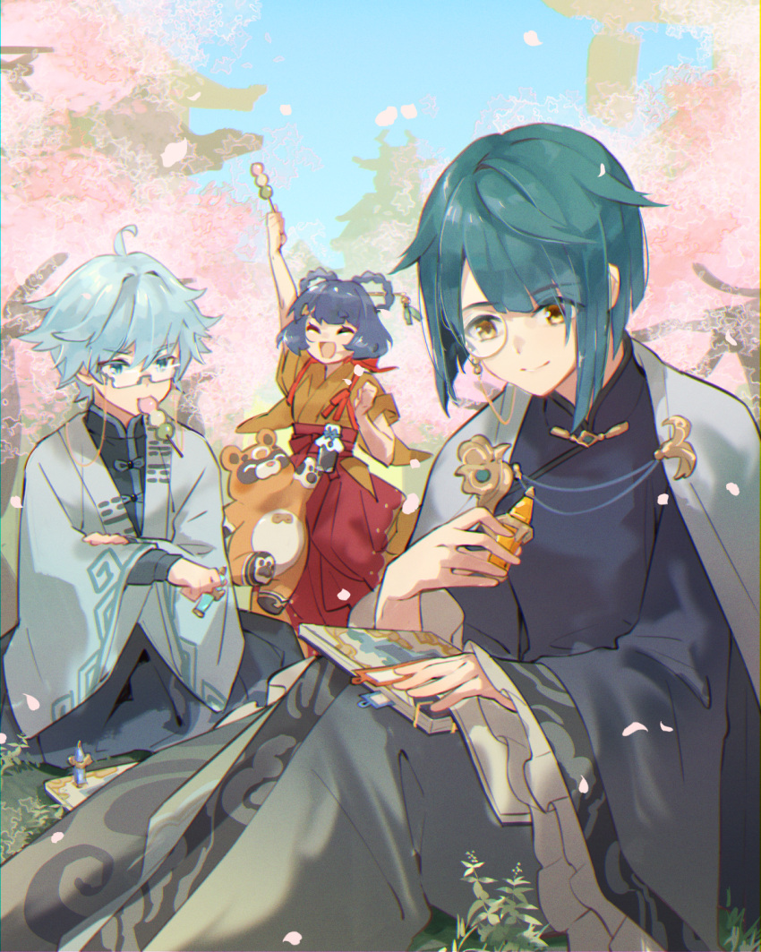 1girl, 2boys, alternate_costume, bespectacled, cherry_blossoms, chongyun_(genshin_impact), closed_eyes, commentary_request