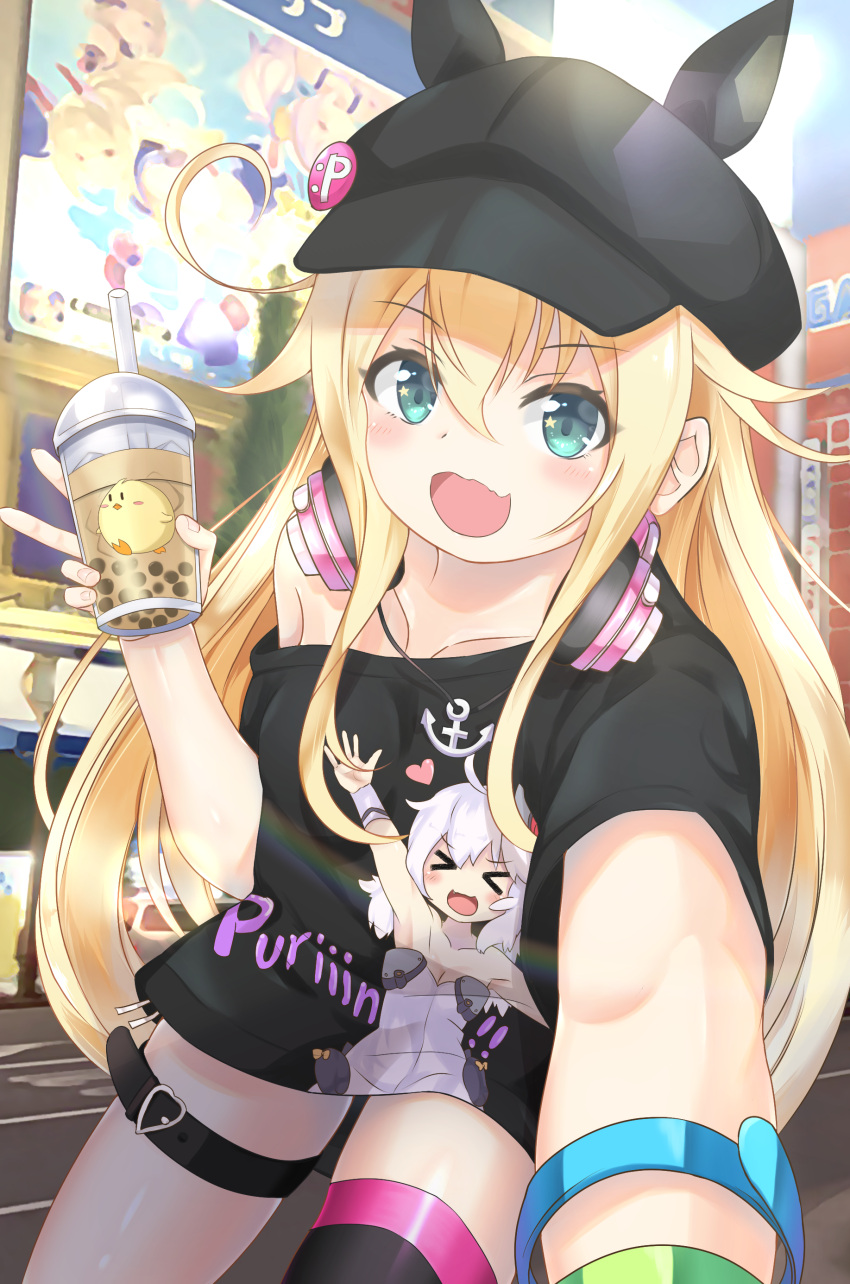 1girl, :d, absurdres, albacore_(azur_lane), alternate_costume, animal_ear_headwear, ayanami_(azur_lane), azur_lane, bare_shoulders, belt, black_headwear, black_legwear, black_shirt, blonde_hair, blush, bubble_tea, casual, character_print, cup, green_eyes, hand_up, happy, hat, hat_pin, headphones, headphones_around_neck, highres, holding, holding_cup, laffey_(azur_lane), leaning_forward, long_hair, looking_at_viewer, makina9696, manjuu_(azur_lane), no_pants, off-shoulder_shirt, off_shoulder, outstretched_arm, shirt, single_thighhigh, smile, solo, star_(symbol), star_in_eye, symbol_in_eye, thigh-highs, thigh_strap, universal_bulin_(azur_lane), very_long_hair, z23_(azur_lane)