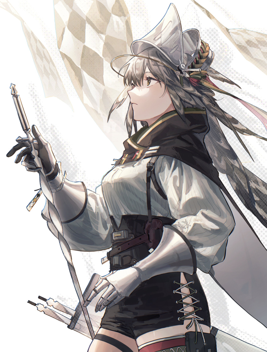1girl, absurdres, arknights, banner, black_cape, black_shorts, breasts, brown_eyes