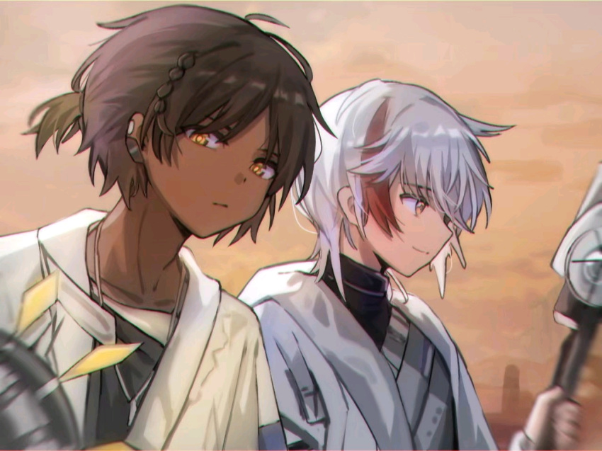 2boys, arknights, bangs, brown_hair, closed_mouth, dark-skinned_male, dark_skin, ear_piercing