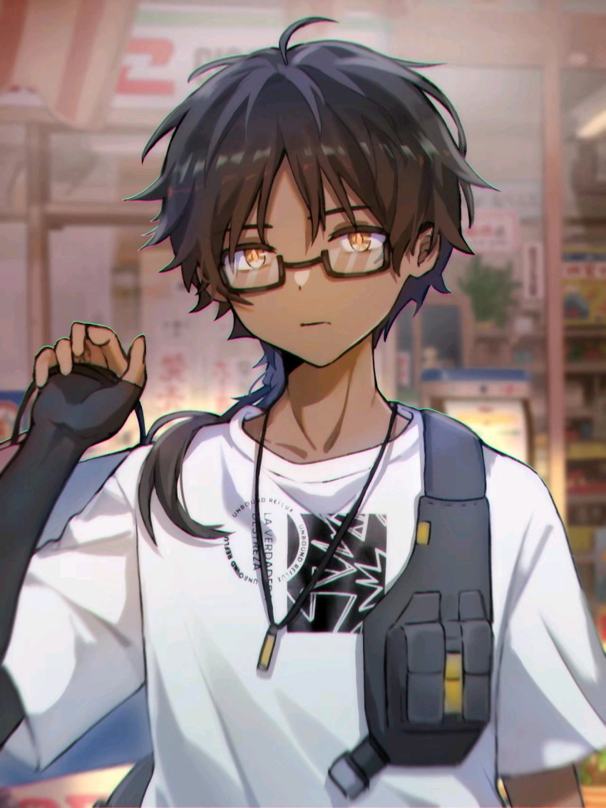 1boy, arknights, bag, bangs, black-framed_eyewear, black_gloves, brown_hair, closed_mouth, dark-skinned_male, dark_skin, elbow_gloves, fingerless_gloves, glasses, gloves, hair_over_shoulder, highres, holding, holding_bag, indoors, jewelry, long_hair, looking_at_viewer, low_ponytail, male_focus, necklace, official_alternate_costume, orange_eyes, semi-rimless_eyewear, shirt, shopping_bag, short_sleeves, single_glove, solo, thorns_(arknights), under-rim_eyewear, white_shirt, xiebaowang
