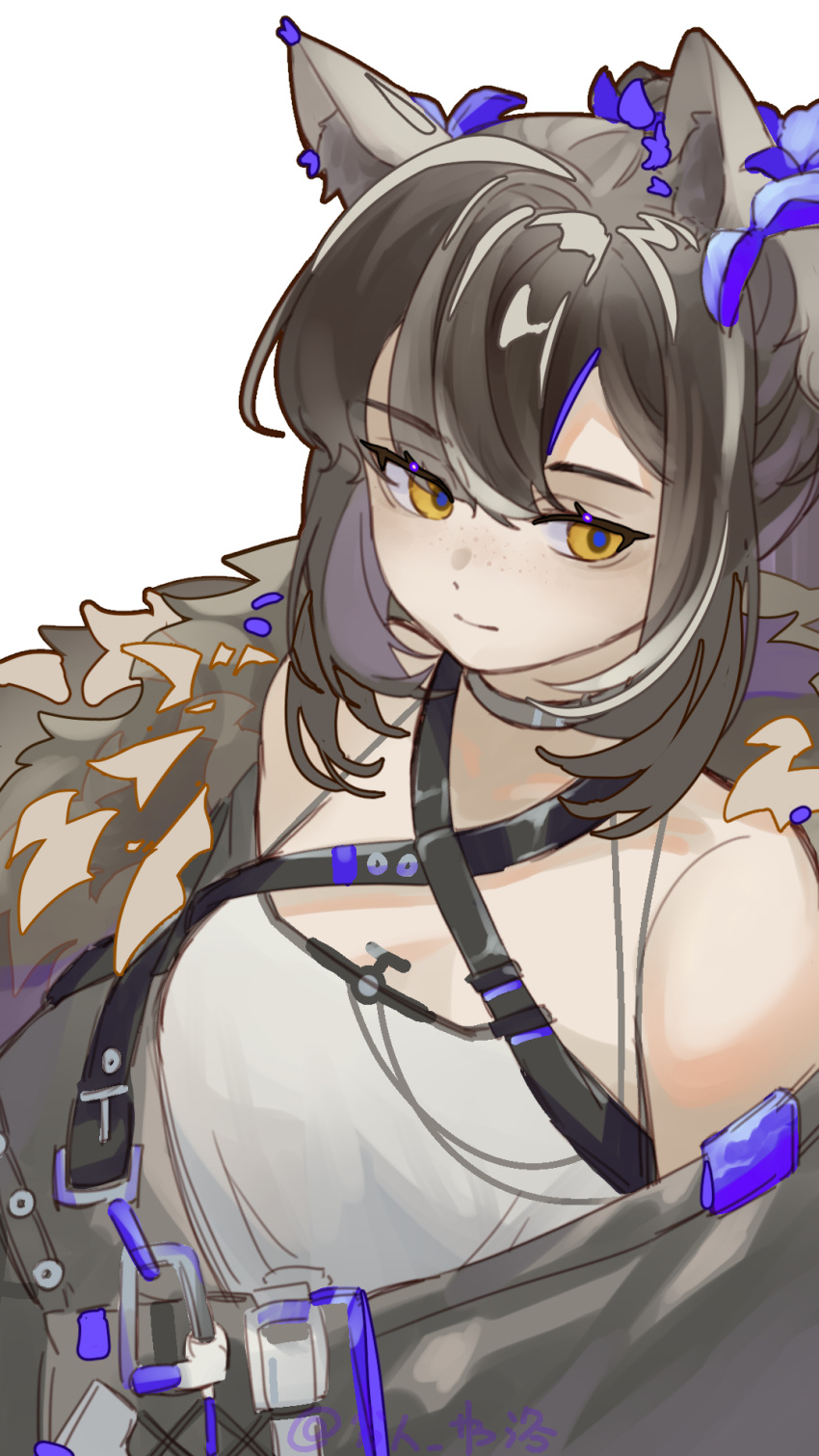 1girl, animal_ears, arknights, bangs, bare_shoulders, brown_hair, closed_mouth, eyebrows_visible_through_hair