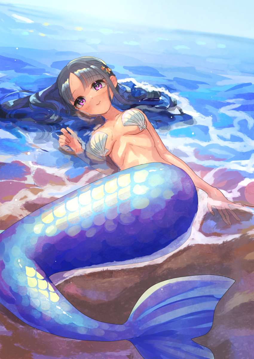 1girl, bangs, black_hair, breasts, hair_behind_ear, highres, long_hair, looking_at_viewer