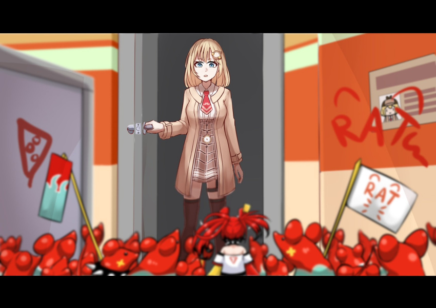 animal_ears, bangs, black_hair, blonde_hair, blue_eyes, david2000, detective, door