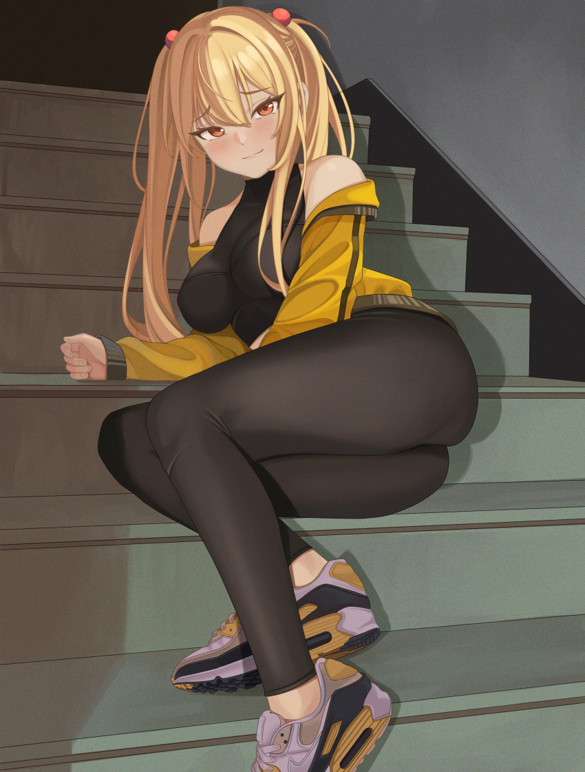 1girl, absurdres, air_max, arm_support, bangs, bare_shoulders, black_pants, black_shirt, blonde_hair, blush, borrowed_character, breasts, foot_out_of_frame, hair_bobbles, hair_ornament, highres, jacket, large_breasts, leggings, legs, light_smile, long_hair, long_sleeves, looking_at_viewer, nike, no_socks, off_shoulder, open_clothes, open_jacket, orange_eyes, original, pants, quatthro, sayuri_(k_pring), shirt, shoes, sitting, sitting_on_stairs, sleeveless, sleeveless_shirt, smile, sneakers, solo, stairs, tight, tight_pants, twintails, yellow_jacket, yoga_pants