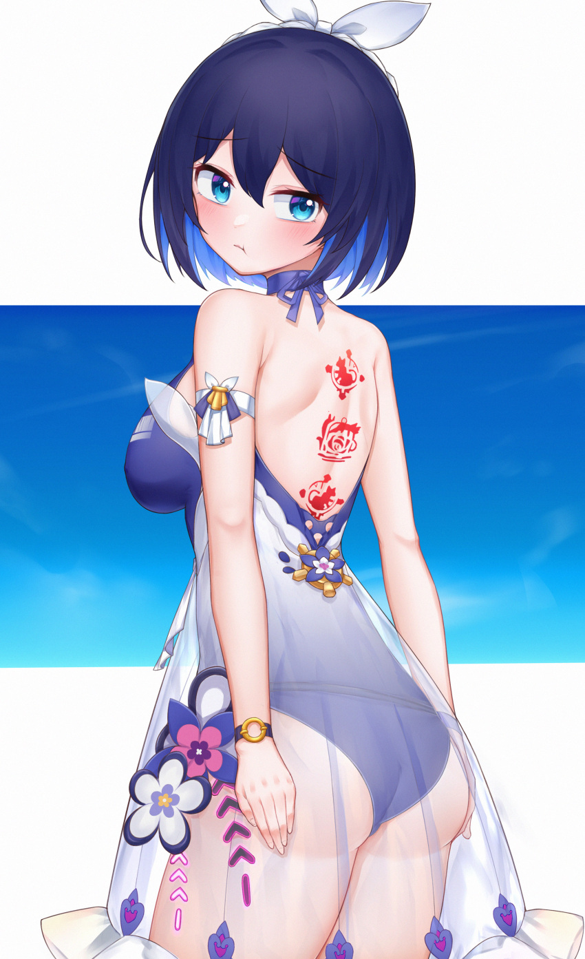 1girl, :t, absurdres, ass, back_tattoo, bangs, bare_shoulders, blue_eyes