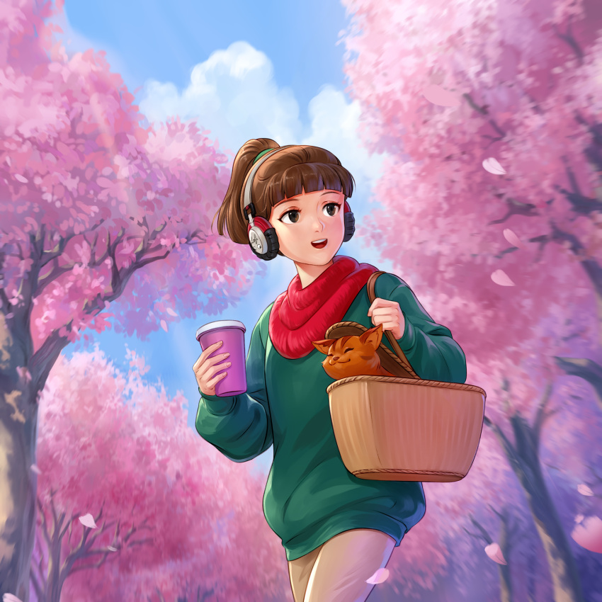 1girl, bangs, basket, blunt_bangs, brown_eyes, brown_hair, cat, cherry_blossoms