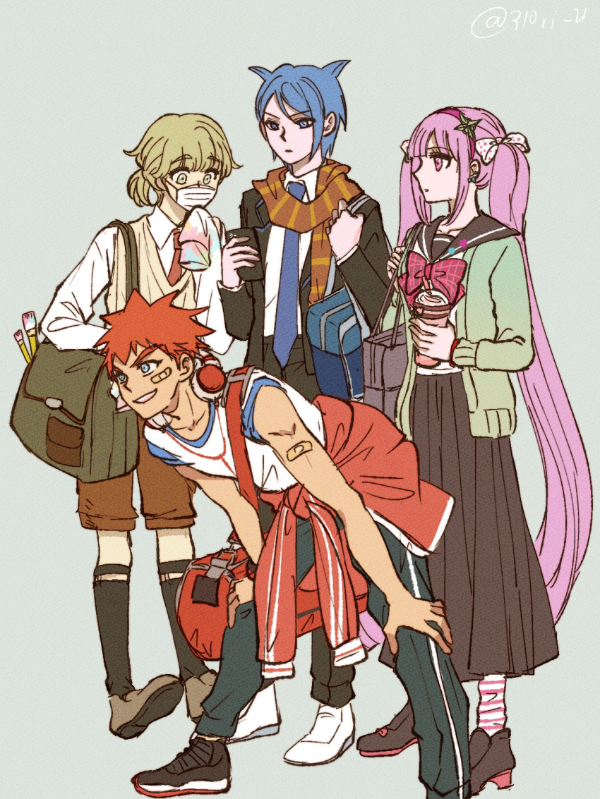 1girl, 3boys, bag, bandaid, blue_hair, cellphone, daimon_masaru_(danganronpa), danganronpa_(series)