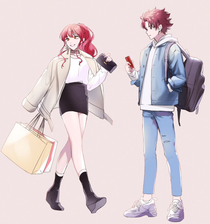 1boy, 1other, airpods, backpack, bag, brown_eyes, ear_piercing, earrings