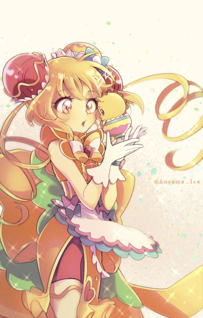 1girl, :o, apron, back_bow, bike_shorts, blonde_hair, bow, bowl