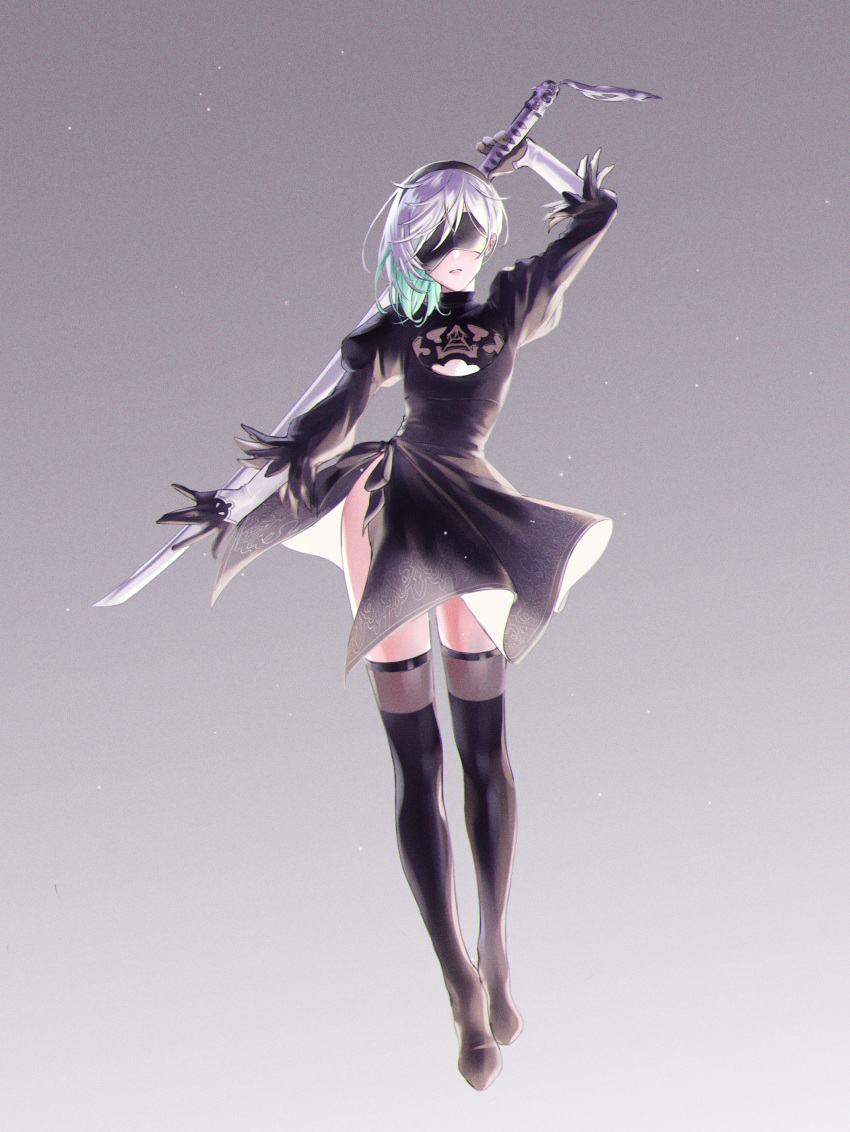 1boy, absurdres, blindfold, blue_hair, boots, dress, facing_viewer, full_body, gloves, grey_background, highres, male_focus, multicolored_background, multicolored_hair, nyamnyam0502, open_mouth, paradox_live, purple_hair, solo, sword, thigh-highs, thigh_boots, weapon, white_background, yatonokami_kanata