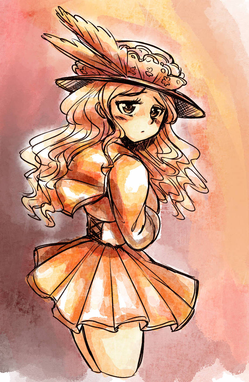 1980s_(style), 1girl, abstract_background, adapted_costume, bad_id, cropped_legs, dolls_in_pseudo_paradise, frilled_hat