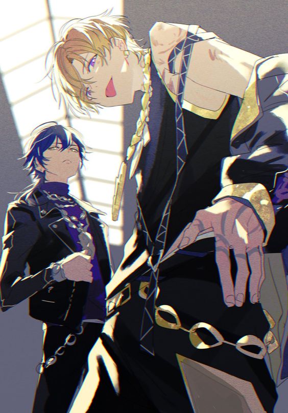 2boys, bad_id, bad_twitter_id, blonde_hair, blue_hair, kuzuryu_chisei, looking_at_viewer, looking_down