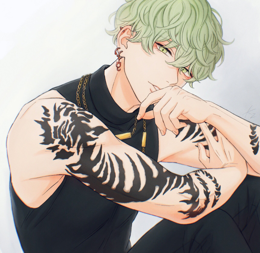 1boy, black_shirt, black_tank_top, covering_mouth, ear_piercing, earrings, green_eyes, green_hair