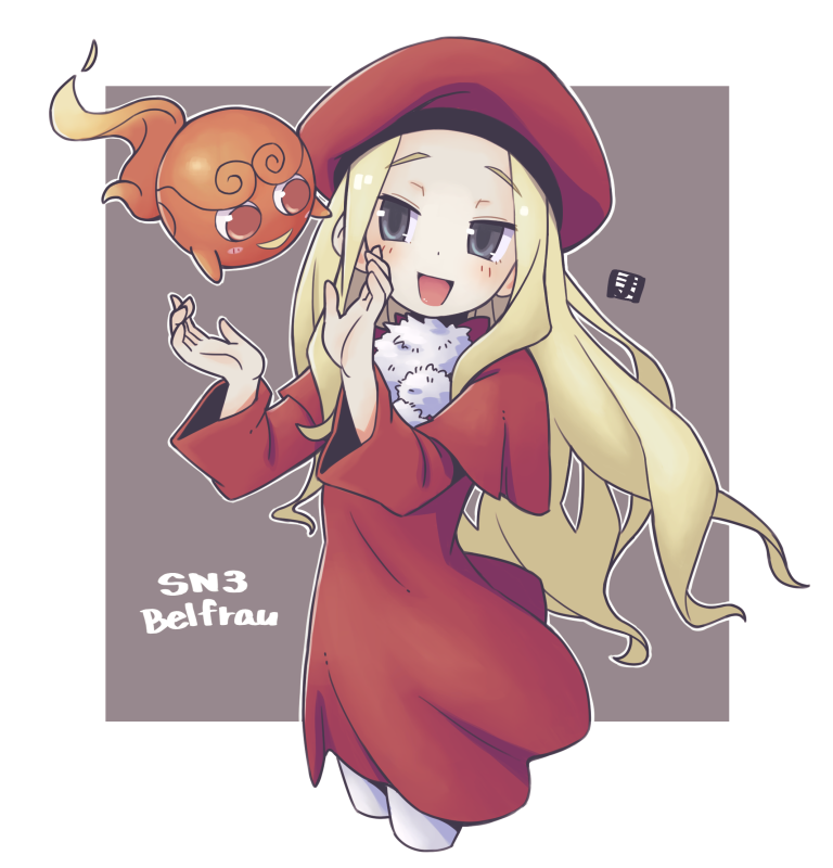 1girl, :d, bangs, belfraw_martini, beret, blonde_hair, blush, capelet