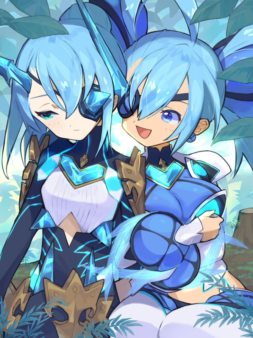 2girls, asagi1111, blue_eyes, blue_hair, breasts, chest_jewel, earrings, eyepatch
