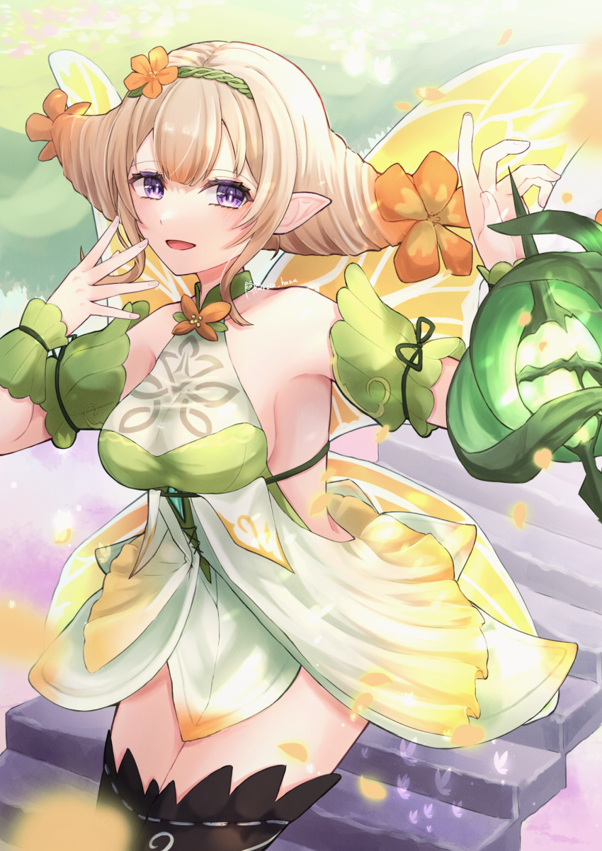 1girl, armor, bangs, blonde_hair, blue_eyes, boots, breasts, butterfly_wings