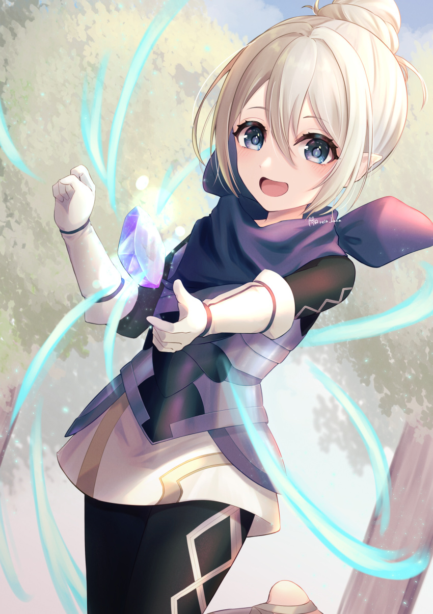 1girl, armor, black_legwear, brooch, crystal, elbow_gloves, elf, fire_emblem