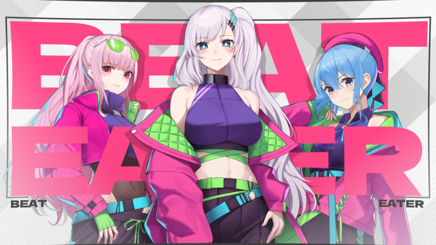 3girls, aqua_belt, aqua_eyes, bangs, bare_shoulders, beat_eater_(vocaloid), belt, beret, black_leotard, blue_eyes, blue_hair, blush, breasts, dhokidoki, earrings, english_commentary, eyebrows_visible_through_hair, eyewear_on_head, hair_ornament, hat, highres, hololive, hololive_english, hololive_indonesia, hoshimachi_suisei, jacket, jewelry, large_breasts, leotard, leotard_under_clothes, long_hair, long_sleeves, looking_at_viewer, midriff, mori_calliope, multiple_girls, navel, off_shoulder, official_art, open_clothes, open_collar, open_jacket, pavolia_reine, pink_eyes, pink_hair, pink_headwear, pink_jacket, second-party_source, sidelocks, silver_hair, song_name, virtual_youtuber, wing_collar