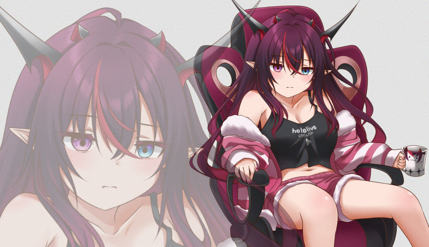 1girl, absurdres, bangs, blue_eyes, boxers, chair, cup, gaming_chair