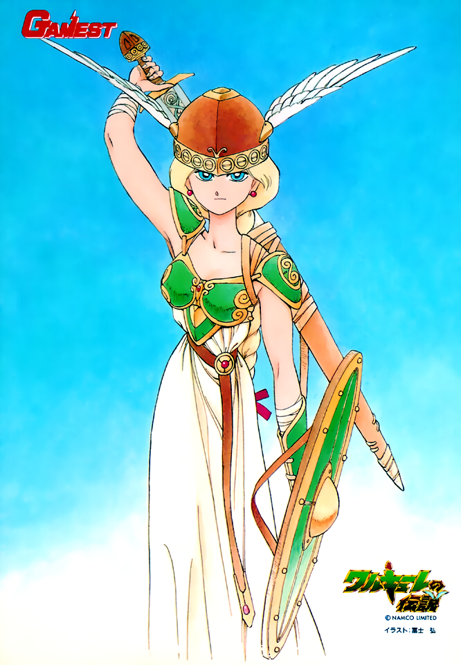 1980s_(style), arm_up, armor, bandaged_arm, bandages, blonde_hair, blue_background, blue_eyes, braid, breastplate, company_name, copyright, earrings, gamest, gradient, gradient_background, helmet, holding, holding_shield, holding_sword, holding_weapon, jewelry, logo, long_hair, looking_at_viewer, non-web_source, official_art, pauldrons, retro_artstyle, scabbard, serious, sheath, shield, shoulder_armor, sword, valkyrie_(vnd), valkyrie_no_densetsu, weapon, winged_helmet