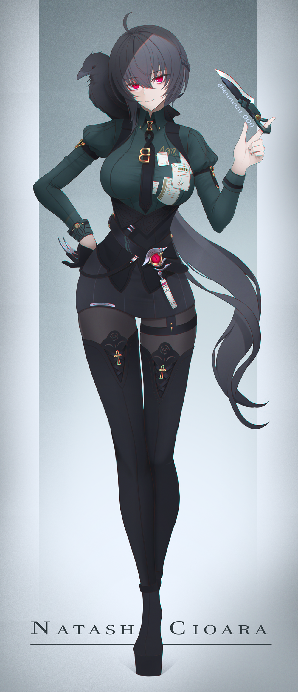 1girl, alternate_costume, alternate_hairstyle, bangs, bartender, bird, black_footwear, black_gloves, black_hair, black_necktie, black_skirt, boots, breasts, crow, dagger, eun_(eunice), full_body, gloves, green_shirt, highres, holding, holding_dagger, holding_weapon, honkai_(series), honkai_impact_3rd, knife, long_hair, long_sleeves, looking_at_viewer, necktie, polo_shirt, ponytail, raven_(honkai_impact), shirt, single_glove, skirt, smile, thigh-highs, thigh_boots, violet_eyes, weapon