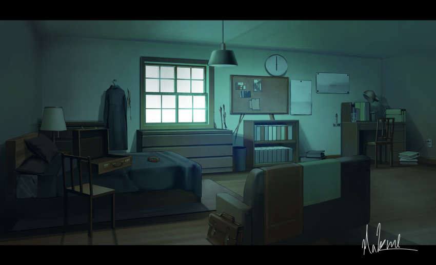 bag, bed, bedroom, board, book, bookshelf, cabinet, clock
