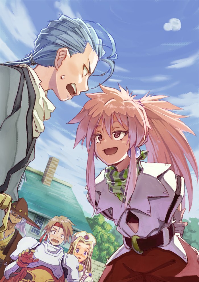2girls, 3boys, arche_klein, armor, belt, blonde_hair, blue_eyes, blush, cape, chester_burklight, claus_lester, clouds, cress_albane, dress, earrings, gloves, hat, house, jewelry, long_hair, mint_adenade, multiple_boys, multiple_girls, neko_(hansinn), nurse_cap, open_mouth, pants, pink_eyes, pink_hair, ponytail, smile, sweatdrop, tales_of_(series), tales_of_phantasia, wide_ponytail