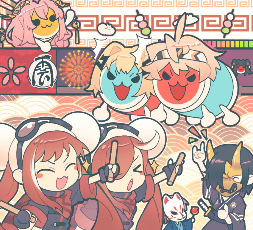 >_<, 2girls, 2others, :3, \n/, ^^^, ^_^, alchemy_stars