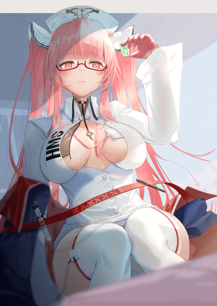 1girl, absurdres, arm_up, azur_lane, bangs, black_choker, blush, bottle