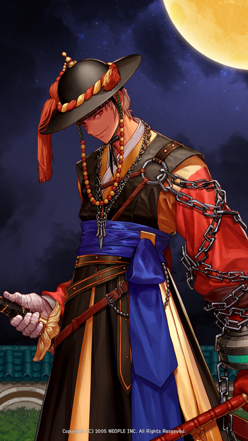 1boy, architecture, bandaged_arm, bandages, beads, belt, bush, chain, chinese_clothes, east_asian_architecture, eftd01, gloves, hat, highres, jewelry, leather, leather_belt, long_skirt, long_sleeves, looking_at_viewer, male_focus, moon, necklace, night, night_sky, original, outdoors, red_eyes, short_hair, skirt, sky, smile, solo, weapon, white_hair