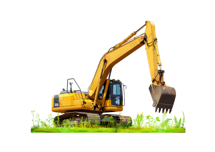 absurdres, commentary_request, excavator, grass, ground_vehicle, highres, machinery, motor_vehicle