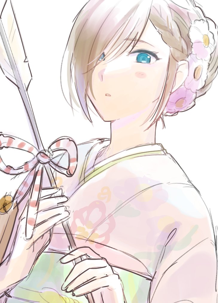1girl, alternate_hairstyle, arrow_(projectile), bangs, blue_eyes, blush, braid, braided_bun