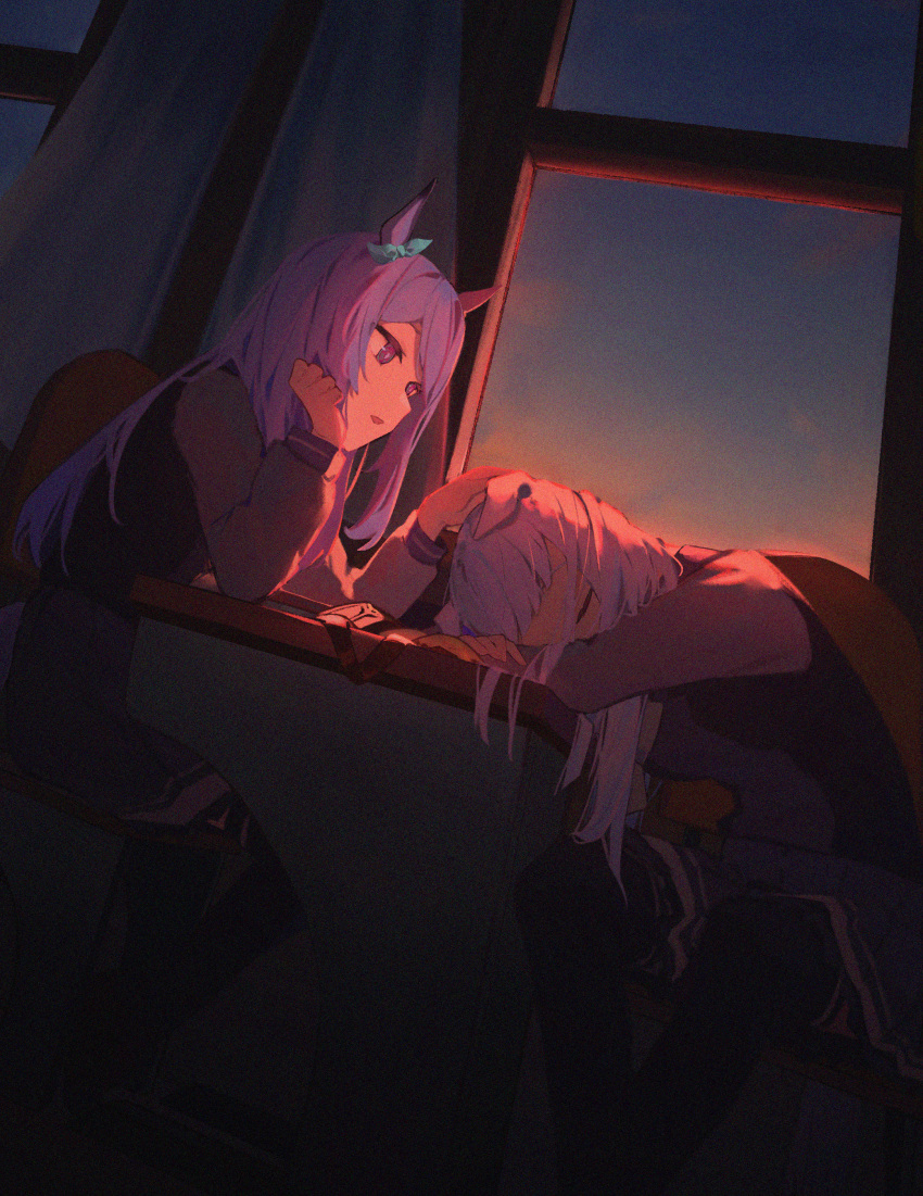 2girls, absurdres, animal_ears, chair, curtains, dress, ear_bow, film_grain, gold_ship_(umamusume), head_on_table, headpat, highres, horse_ears, indoors, lehcar, long_hair, long_sleeves, looking_at_another, mejiro_mcqueen_(umamusume), multiple_girls, purple_hair, purple_legwear, purple_shirt, purple_skirt, school_uniform, shirt, sitting, skirt, sleeping, sleeveless, sleeveless_dress, sunset, thigh-highs, tracen_school_uniform, umamusume, window