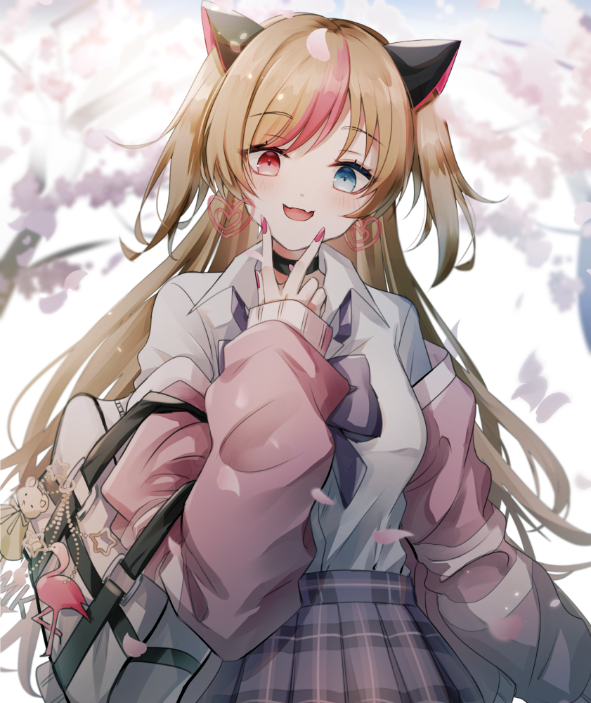 1girl, :d, animal_ears, bag, bangs, blue_eyes, bow, bowtie