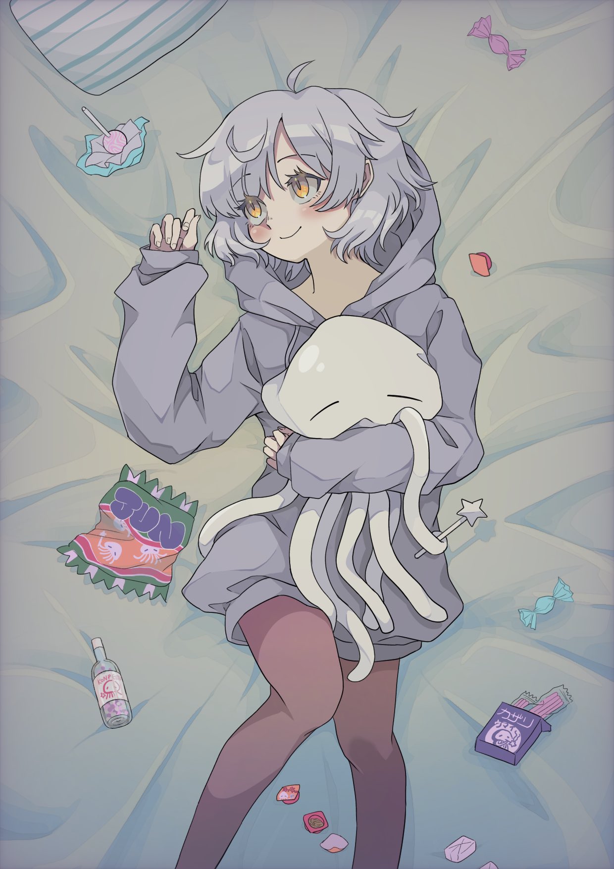 1girl, blush, candy, candy_wrapper, doll_hug, food, grey_hair, grey_hoodie
