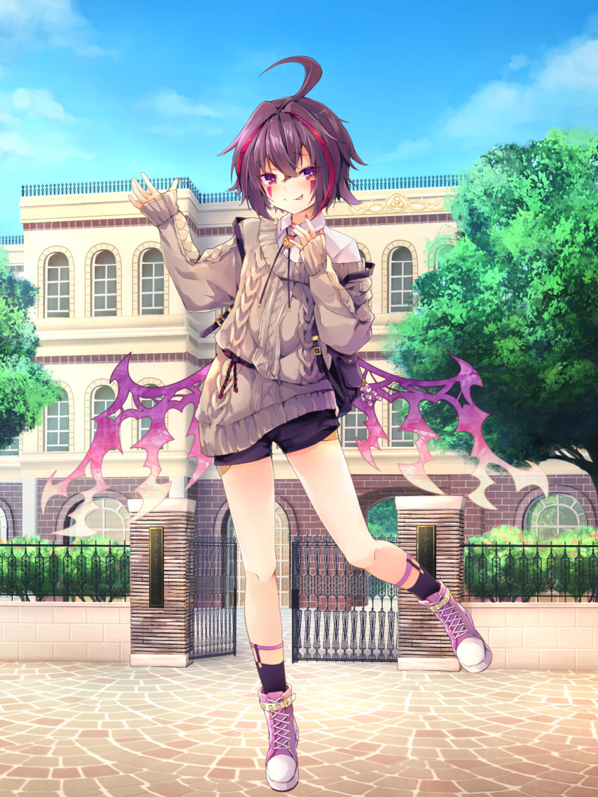 1girl, :p, ahoge, bag, bangs, black_hair, blush, building