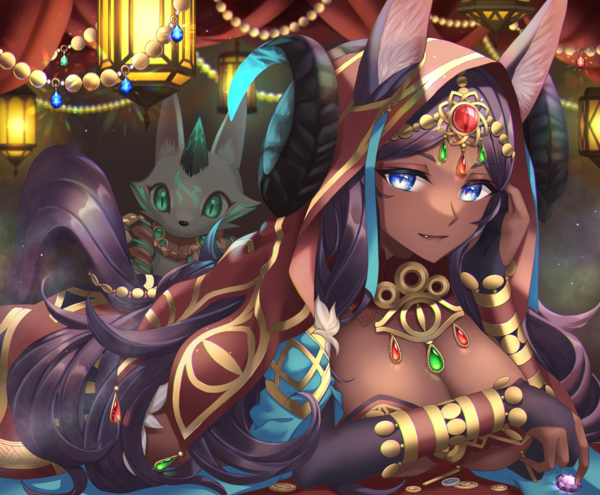 1girl, absurdres, animal_ears, blue_eyes, breasts, coin, dark-skinned_female, dark_skin